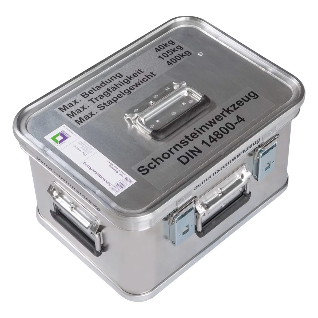 MUNK Rettungstechnik Aluminium Kasten 400x300x220mm mit Deckel, Beschriftung "Schornsteinwerkzeug"