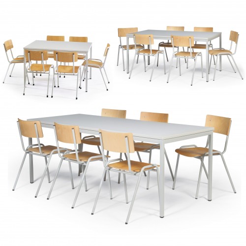 Protaurus Tisch- Stuhl- Kombination ECO aus beschichtetem Stahl/Kunststoff mit Sperrholz in lichtgrau Tischmaß 1200-2000x800mm